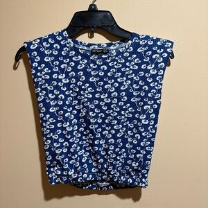 Amber Blue Floral Sleeveless Crop Top | Elastic Hem | Size S